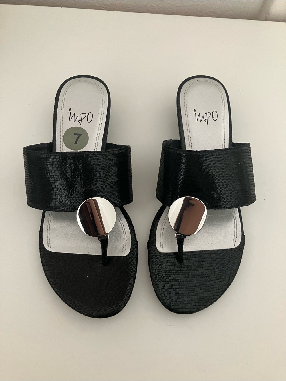 Impo Black Slide Sandals with Silver Medallion - Women's, Size 7